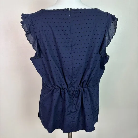 J. Crew Top 12 Navy Blue Swiss Dot Peplum Flutter Sleeve Scalloped V-Neck Blouse - Picture 5 of 11